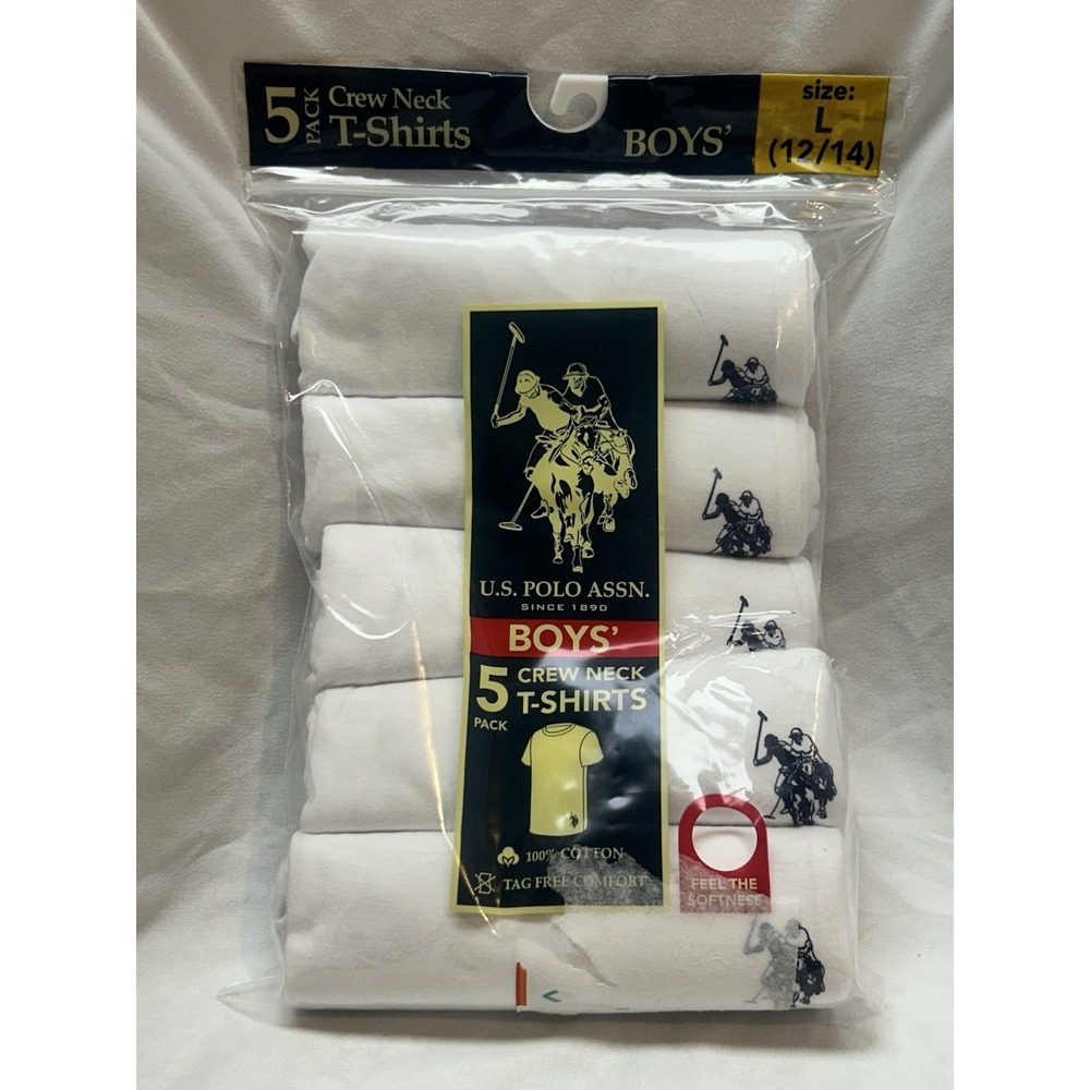 U.S. Polo Assn. Boys Tagless Cotton Crewneck T-Shirt Undershirt 5 Pack L 12/14